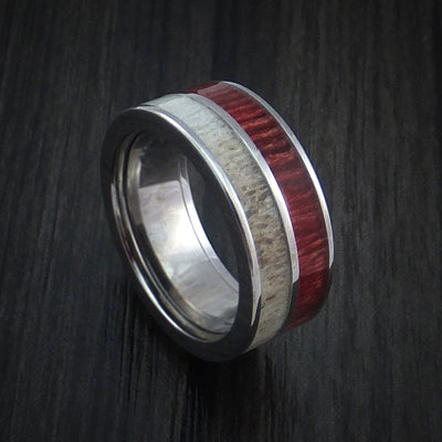 Titanium Ring with Red Heart Wood and Antler Inlays Custom Made