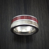 Titanium Ring with Red Heart Wood and Antler Inlays Custom Made