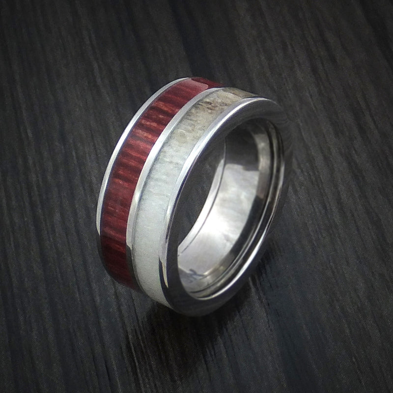 Titanium Ring with Red Heart Wood and Antler Inlays Custom Made