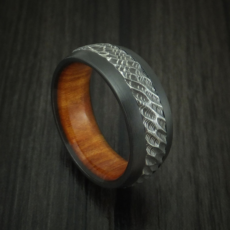 Black Zirconium and Damascus Steel Ring with Tree Bark Carved Finish and Osage Orange Hardwood Sleeve Custom Made Band
