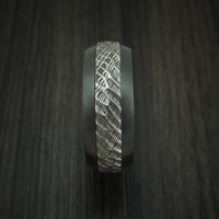 Black Titanium and Damascus Steel Ring with Tree Bark Carved Finish and Osage Orange Hardwood Sleeve Custom Made Band