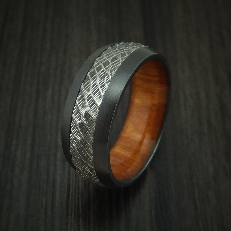 Black Zirconium and Damascus Steel Ring with Tree Bark Carved Finish and Osage Orange Hardwood Sleeve Custom Made Band