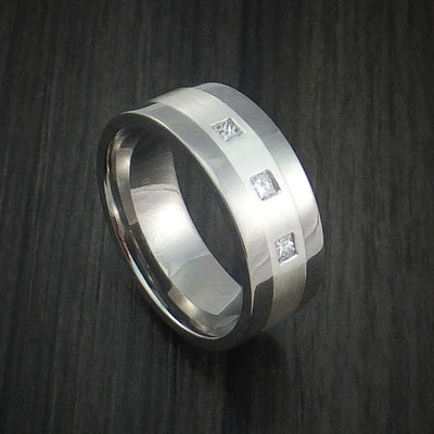 Titanium Ring with Silver Inlay and Princess Cut Diamonds Custom Made Wedding Band