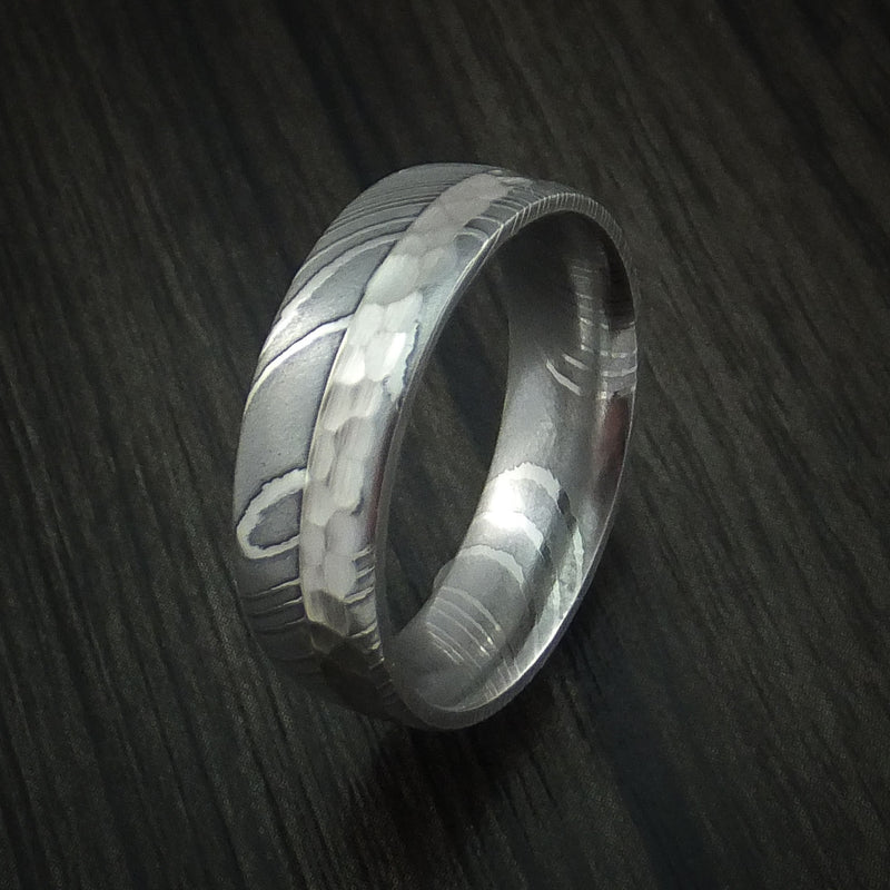 Damascus Steel and Hammered Platinum Ring Custom Made Wedding Band