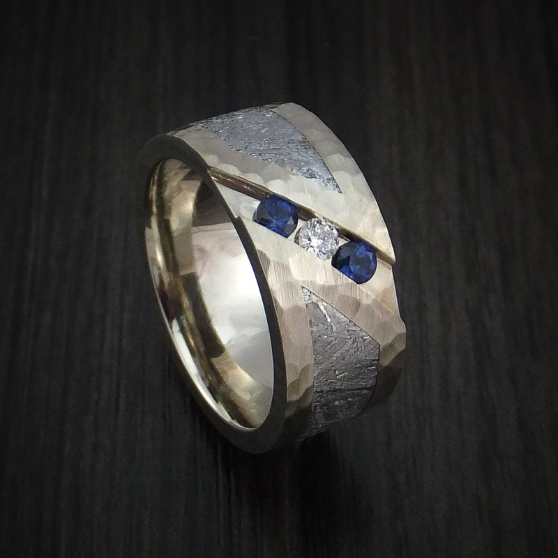 White Gold and Meteorite Hammered Band with Diamond and Sapphires Custom Made
