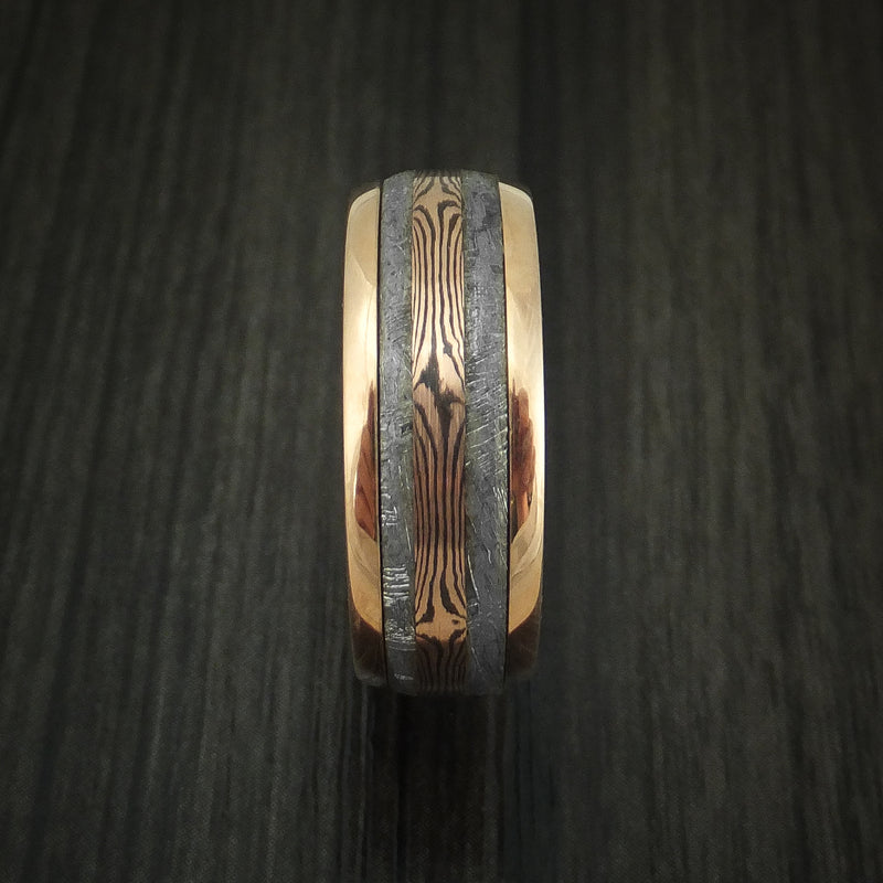 18k Rose Gold and Gibeon Meteorite Ring with Rose Gold Mokume Shakudo Inlay Custom Made Band