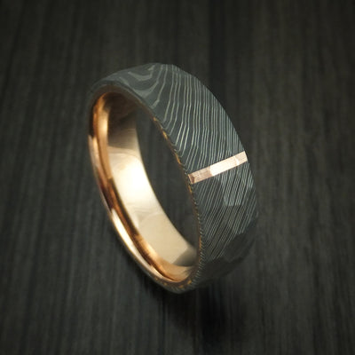 Damascus Steel Hammered Ring with 14K Rose Gold Inlay and Sleeve Custom Made Band