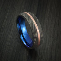 Damascus Steel Ring with Copper Inlay and Anodized Titanium Interior Sleeve Custom Made Band
