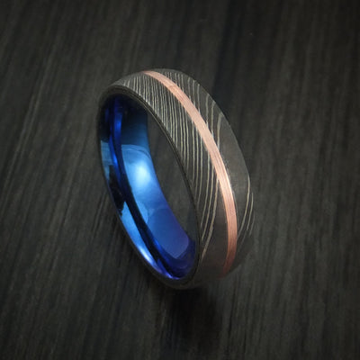 Damascus Steel Ring with Copper Inlay and Anodized Titanium Interior Sleeve Custom Made Band