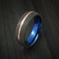 Damascus Steel Ring with Copper Inlay and Anodized Titanium Interior Sleeve Custom Made Band