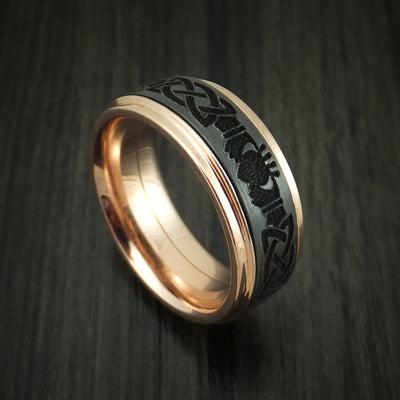 14K Rose Gold and Black Zirconium Celtic Claddagh Band Custom Made Ring