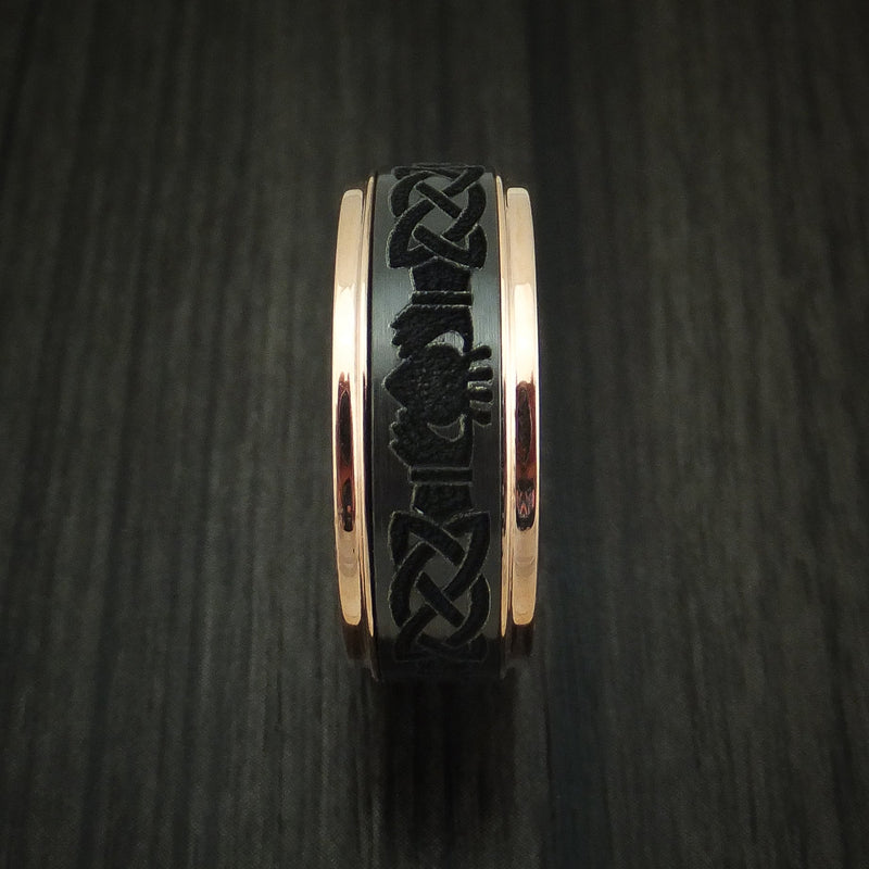 14K Rose Gold and Black Titanium Celtic Claddagh Band Custom Made Ring