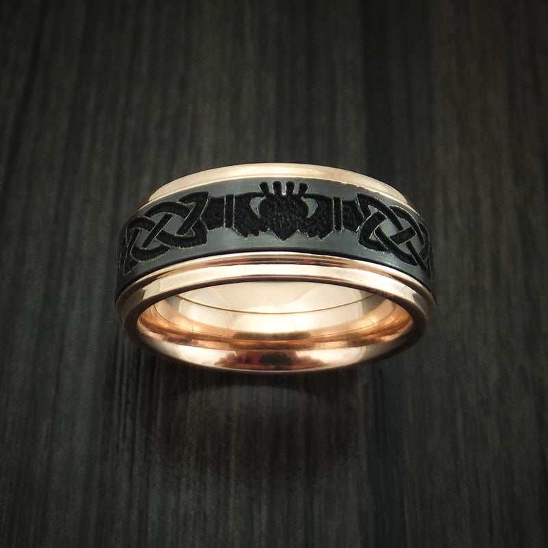 14K Rose Gold and Black Titanium Celtic Claddagh Band Custom Made Ring