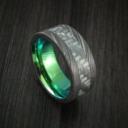 Damascus Steel and Carbon Fiber Ring Custom Made Band with Anodized Interior