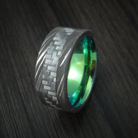 Damascus Steel and Carbon Fiber Ring Custom Made Band with Anodized Interior