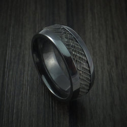 Black Zirconium and Damascus Steel Ring with Tree Bark Carved Band Custom Made