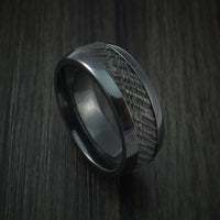 Black Titanium and Damascus Steel Ring with Tree Bark Carved Band Custom Made