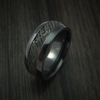 Black Zirconium and Damascus Steel Ring with Tree Bark Carved Band Custom Made