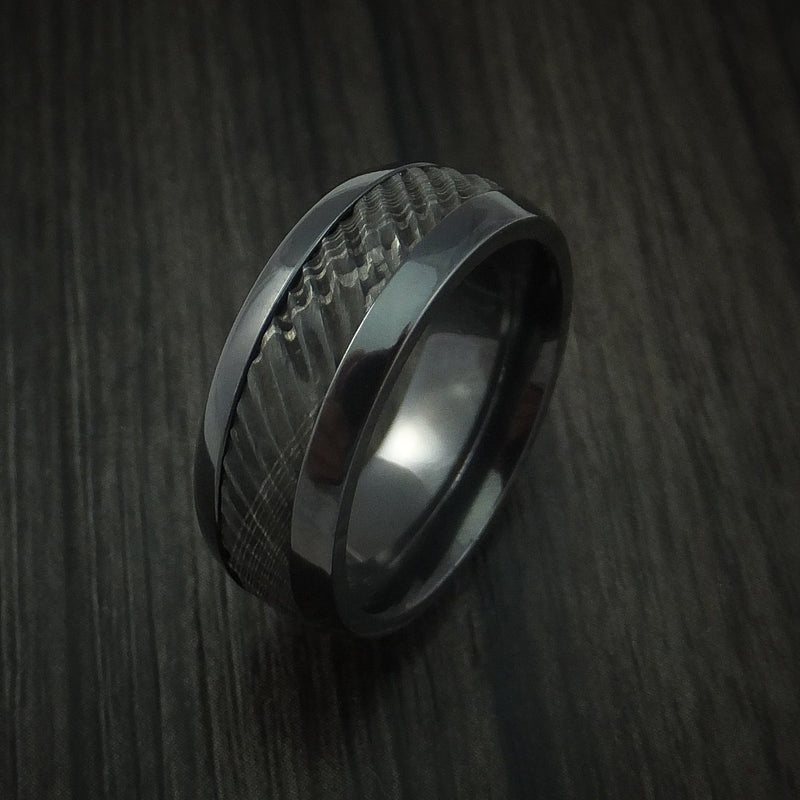 Black Titanium and Damascus Steel Ring with Tree Bark Carved Band Custom Made