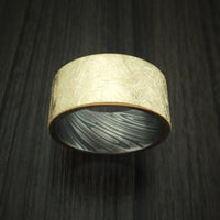 14K Yellow Gold Distressed Band with Kuro Damascus Steel Sleeve Custom Made Ring