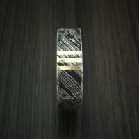Kuro Damascus Steel Rock Hammered Squared Ring with 14K Yellow Gold Vertical Inlays and Antler Sleeve Custom Made