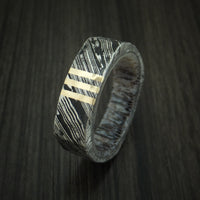 Kuro Damascus Steel Rock Hammered Squared Ring with 14K Yellow Gold Vertical Inlays and Antler Sleeve Custom Made