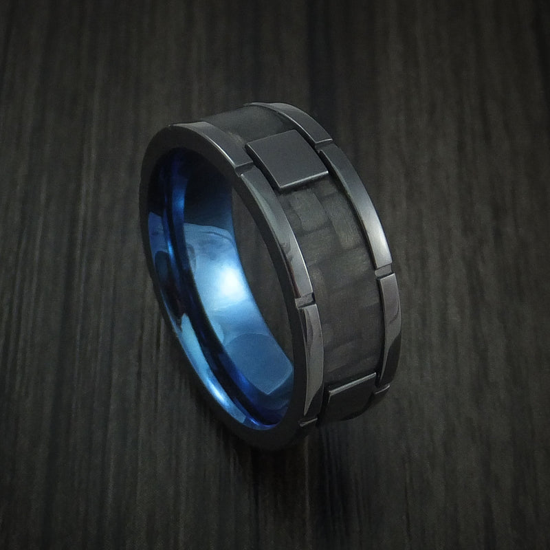 Black Zirconium and Carbon Fiber Weave Pattern Ring with Anodized Interior Custom Made