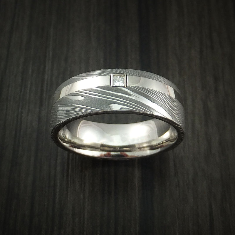 Damascus Steel and 14K White Gold Ring with Diamond Custom Made Band