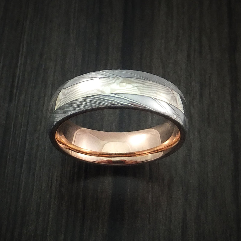 Damascus Steel and Mokume Gane Ring with 14k Rose Gold Sleeve Wedding Band Custom Made