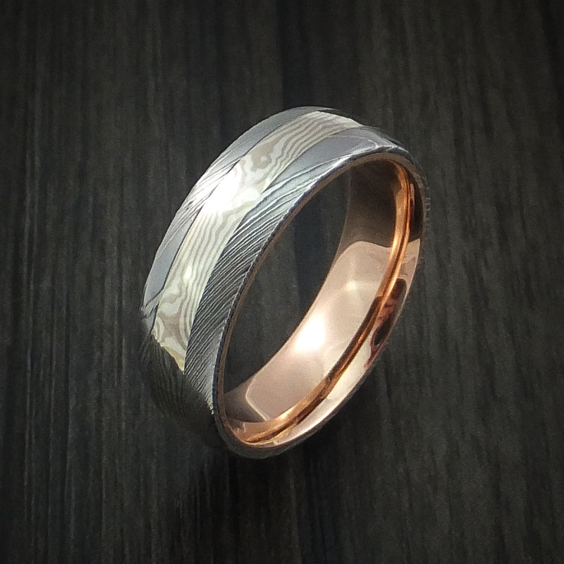 Damascus Steel and Mokume Gane Ring with 14k Rose Gold Sleeve Wedding Band Custom Made