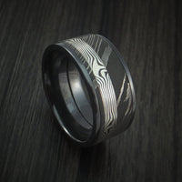 Black Titanium and Damascus Steel Band with Silver Mokume Gane Shakudo Custom Made Ring