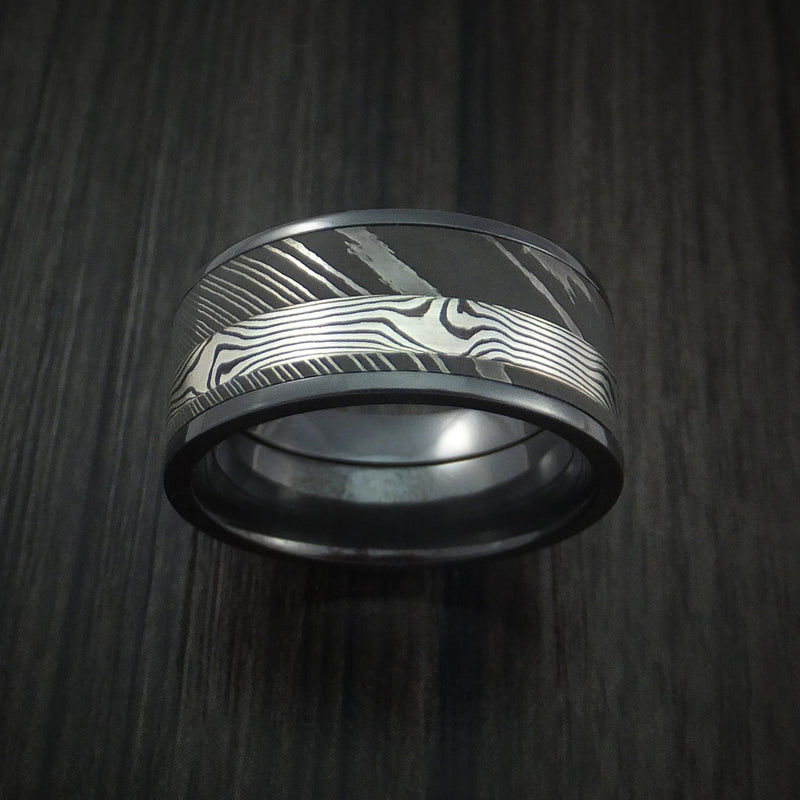 Black Zirconium and Damascus Steel Band with Silver Mokume Gane Shakudo Custom Made Ring