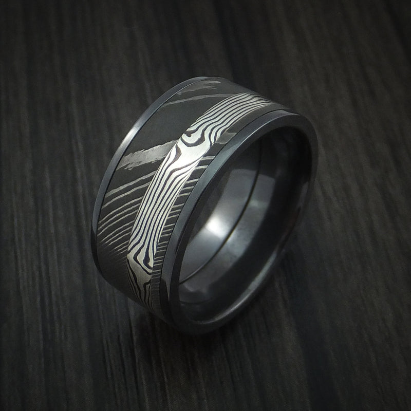 Black Zirconium and Damascus Steel Band with Silver Mokume Gane Shakudo Custom Made Ring