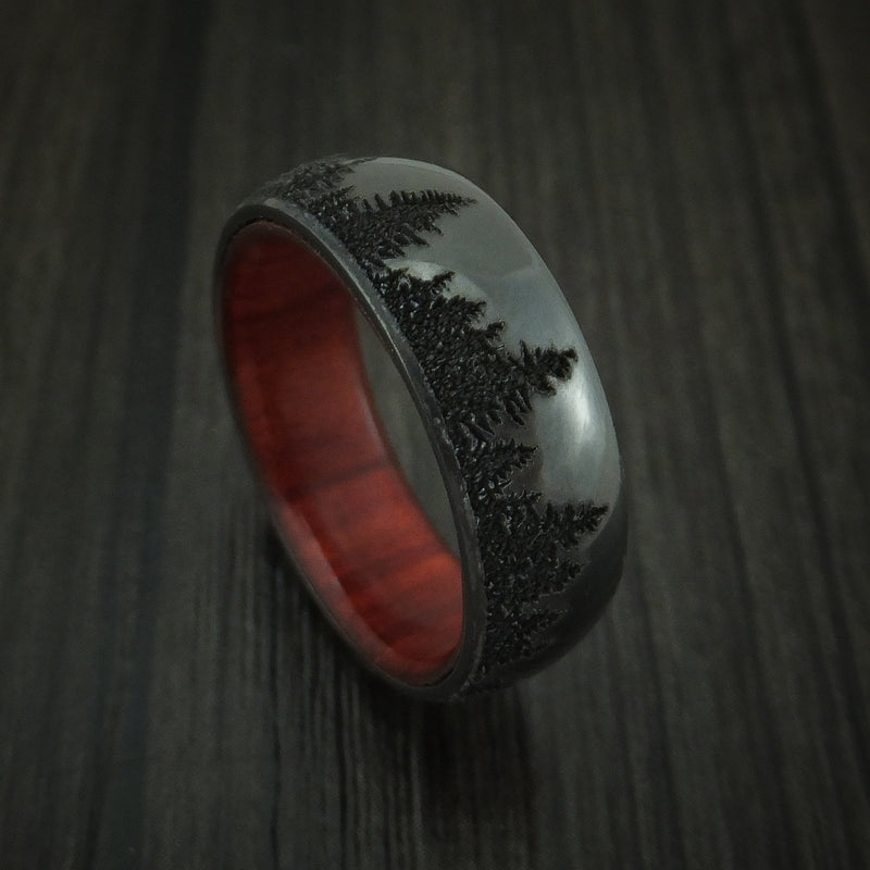 Black Zirconium Ring with Tree Design and Hardwood Sleeve Custom Made Band