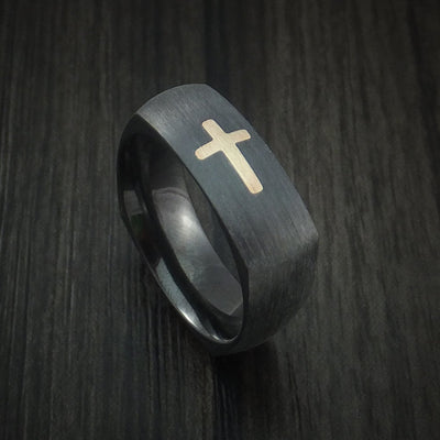 Black Titanium and 14K Yellow Gold Christian Cross Ring Custom Made Band