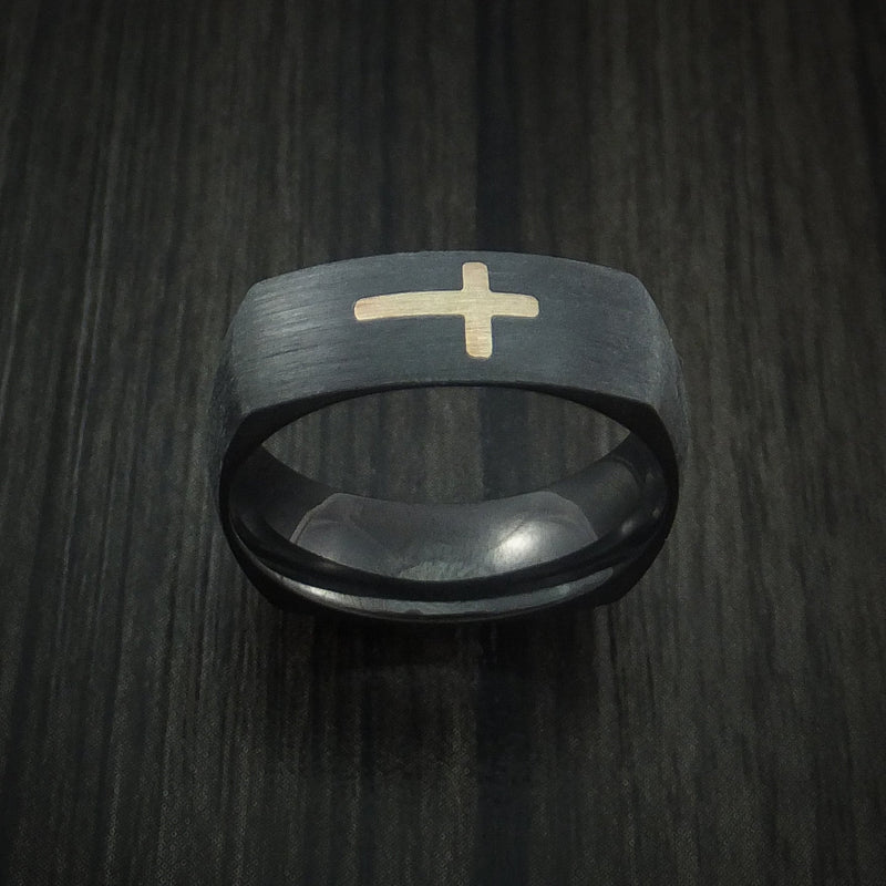 Black Titanium and 14K Yellow Gold Christian Cross Ring Custom Made Band