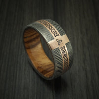 Damascus Steel Celtic Ring With 14K Rose Gold and Hardwood Sleeve Custom Made