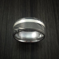 Damascus Steel and Silver Inlay Ring Custom Made Band