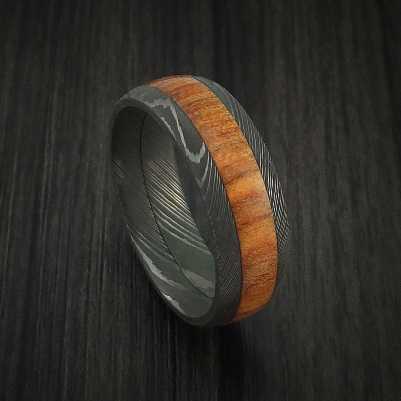 Wood Ring and DAMASCUS Ring inlaid with Osage ORANGE HARDWOOD Custom Made
