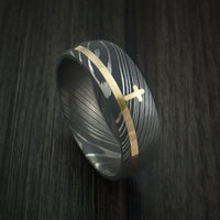 Damascus Steel Ring with 14k Yellow Gold Inlay and Christian Cross Custom Made Band