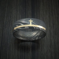 Damascus Steel Ring with 14k Yellow Gold Inlay and Christian Cross Custom Made Band