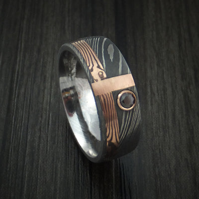 Damascus and 14k ROSE Mokume Gane Shakudo and 14K Gold with Black Diamond Custom Made Band