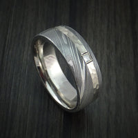 Damascus Steel and 14K White Gold Ring with Diamond Custom Made Band