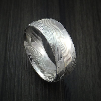 Kuro Damascus Steel and Palladium and Silver Mokume Gane Inlay Custom Made Band