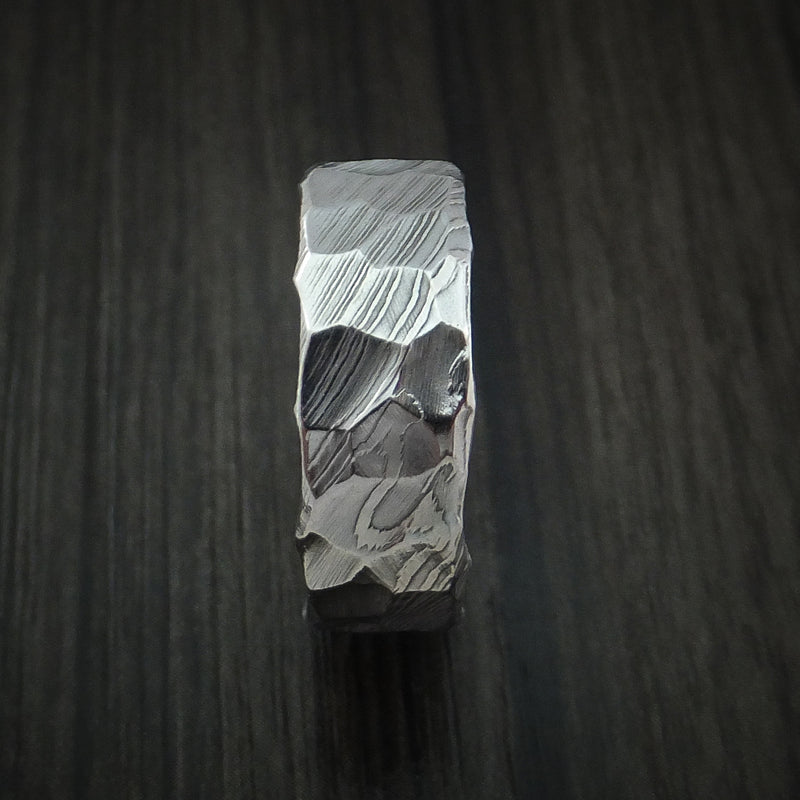 Damascus Steel Ring with Hammer Rock Finish Custom Made