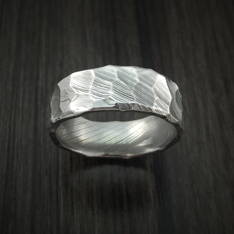 Damascus Steel Ring with Hammer Rock Finish Custom Made