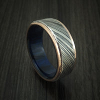 Kuro Damascus Steel Ring With 14K Rose Gold Edges and Wood Sleeve Custom Made Band