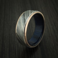 Kuro Damascus Steel Ring With 14K Rose Gold Edges and Wood Sleeve Custom Made Band