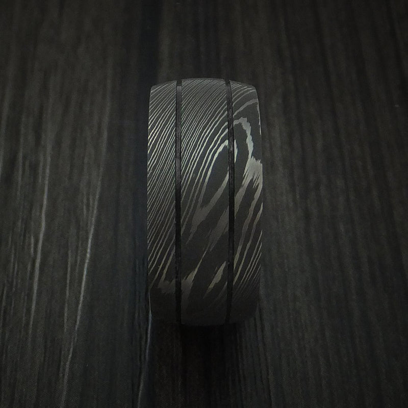 Damascus Steel Ring with Anodized Titanium Interior Sleeve Custom Made