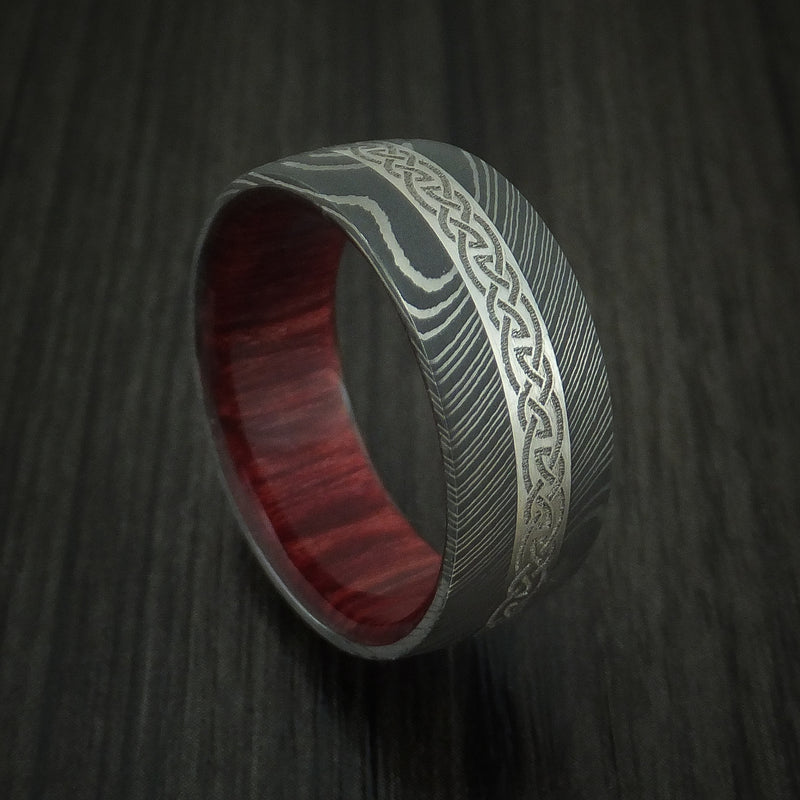 Damascus Steel Celtic Ring With Platinum Inlay And Wood Sleeve Custom Made Band